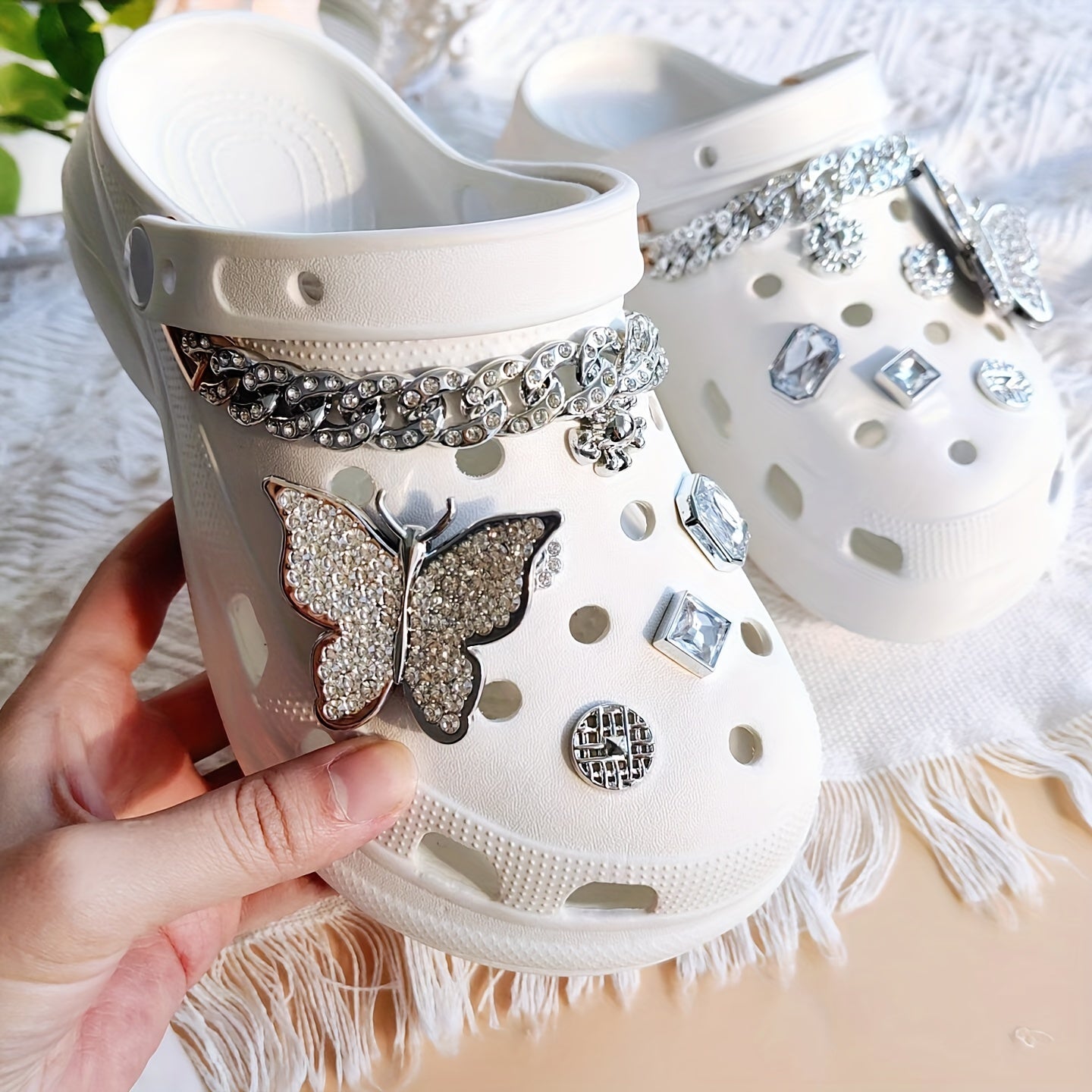 14pcs Clog Accessories Silver Butterfly Sunflowers Chains for Women's Clogs