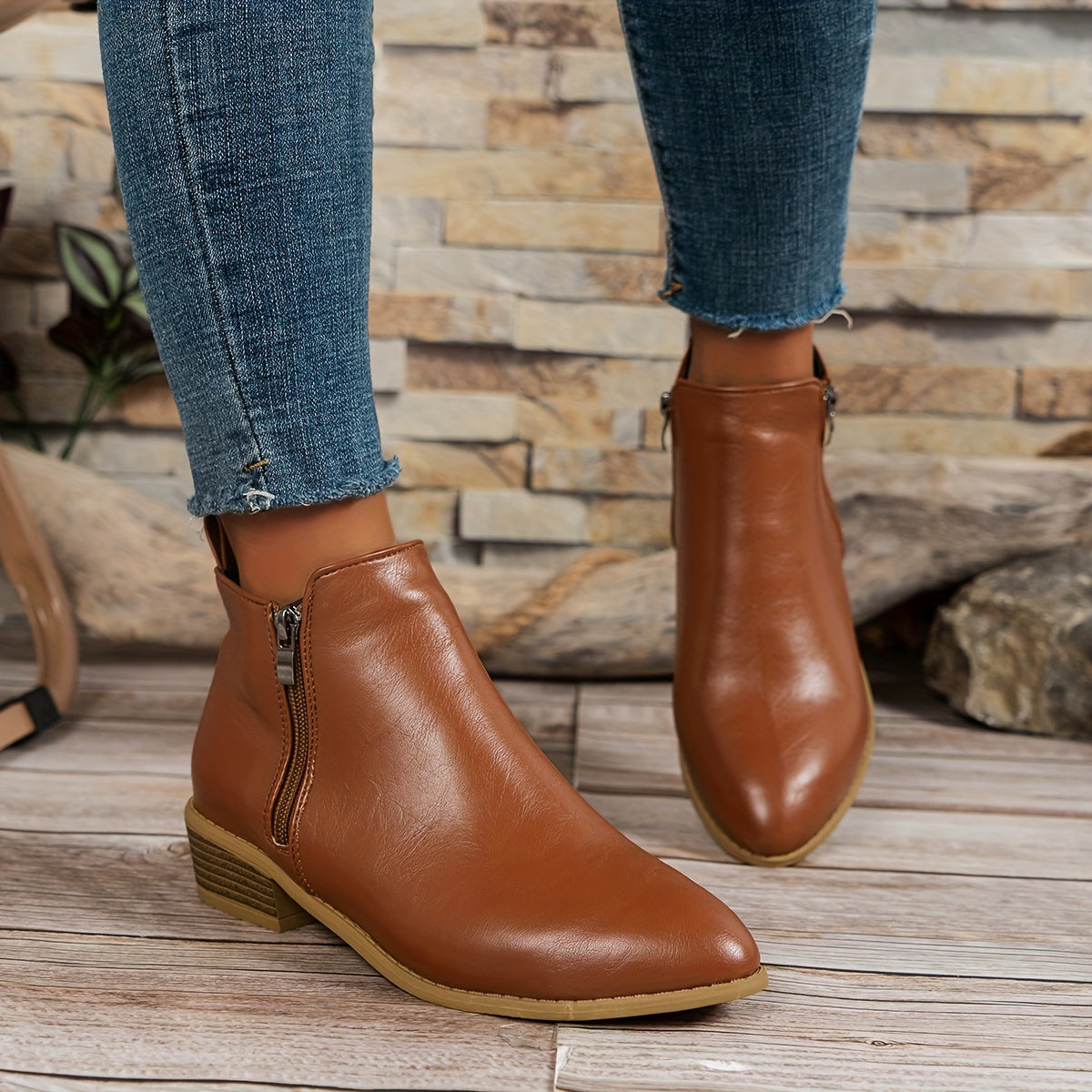 Chunky Heel Ankle Boots Double Zipper Pointed Toe Shoes