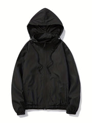 Solid Zip Up Men's Casual Jacket with Drawstring Hood