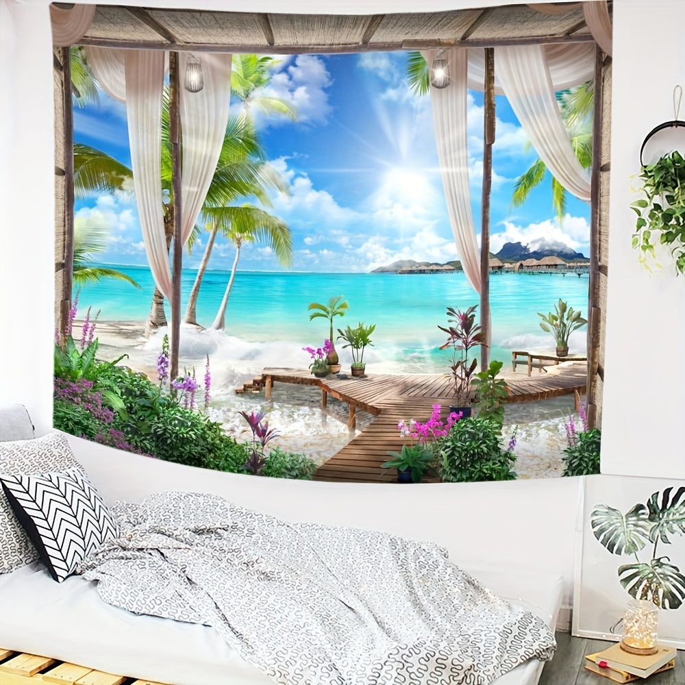 Seaside Window Scenery Tapestry Beach View Home Decor Dorm Room