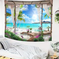 Seaside Window Scenery Tapestry Beach View Home Decor Dorm Room