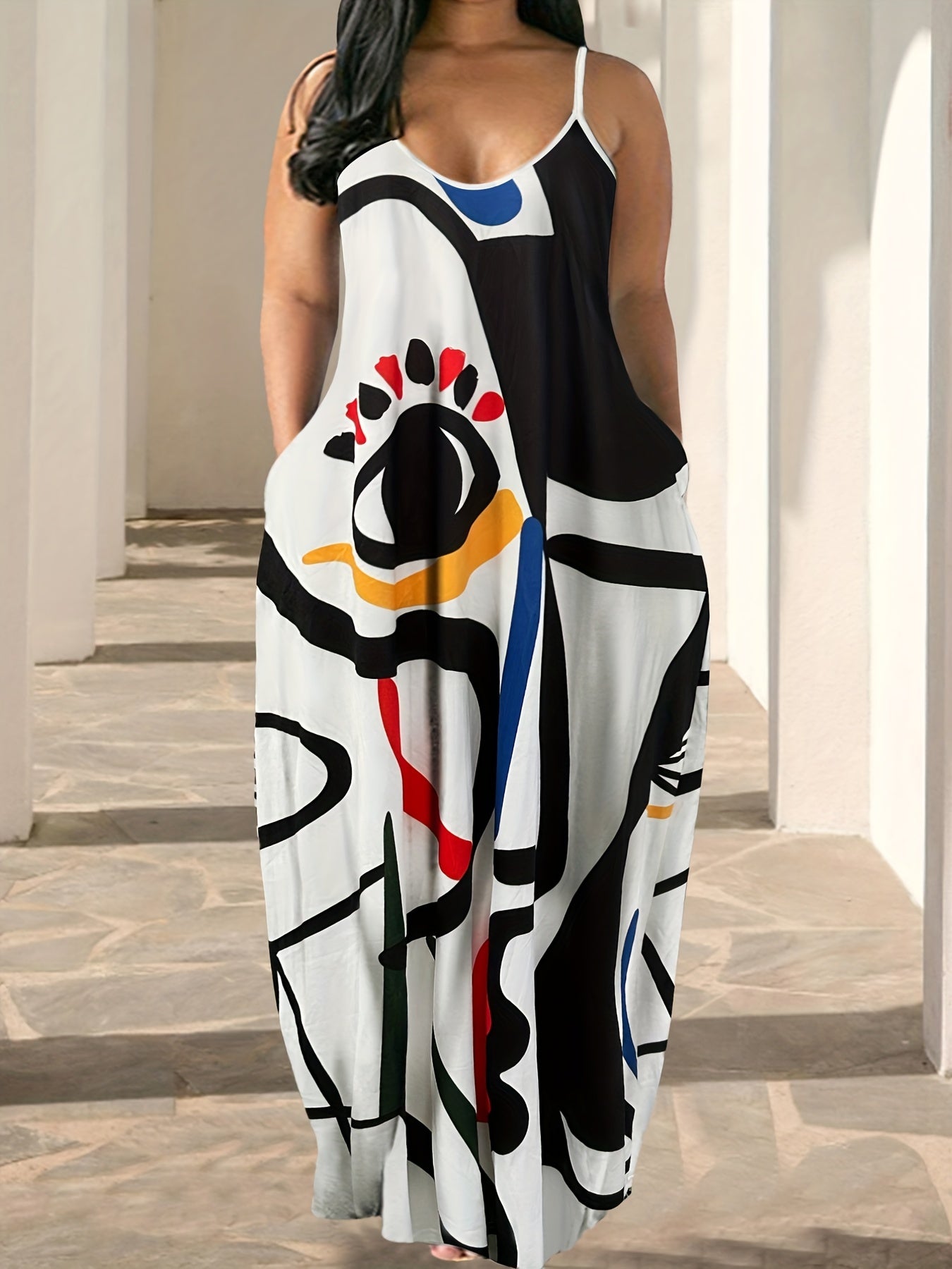 Abstract Figure Print Maxi Dress With Pockets