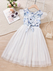 Girls Mesh Overlay Belted Princess Dress for Party Beach Vacation