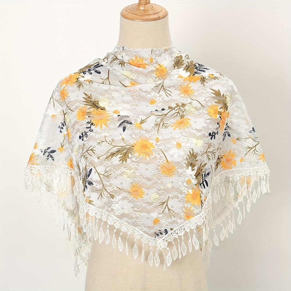 Boho Lace Triangle Shawl Flower Print Hollow Wrap