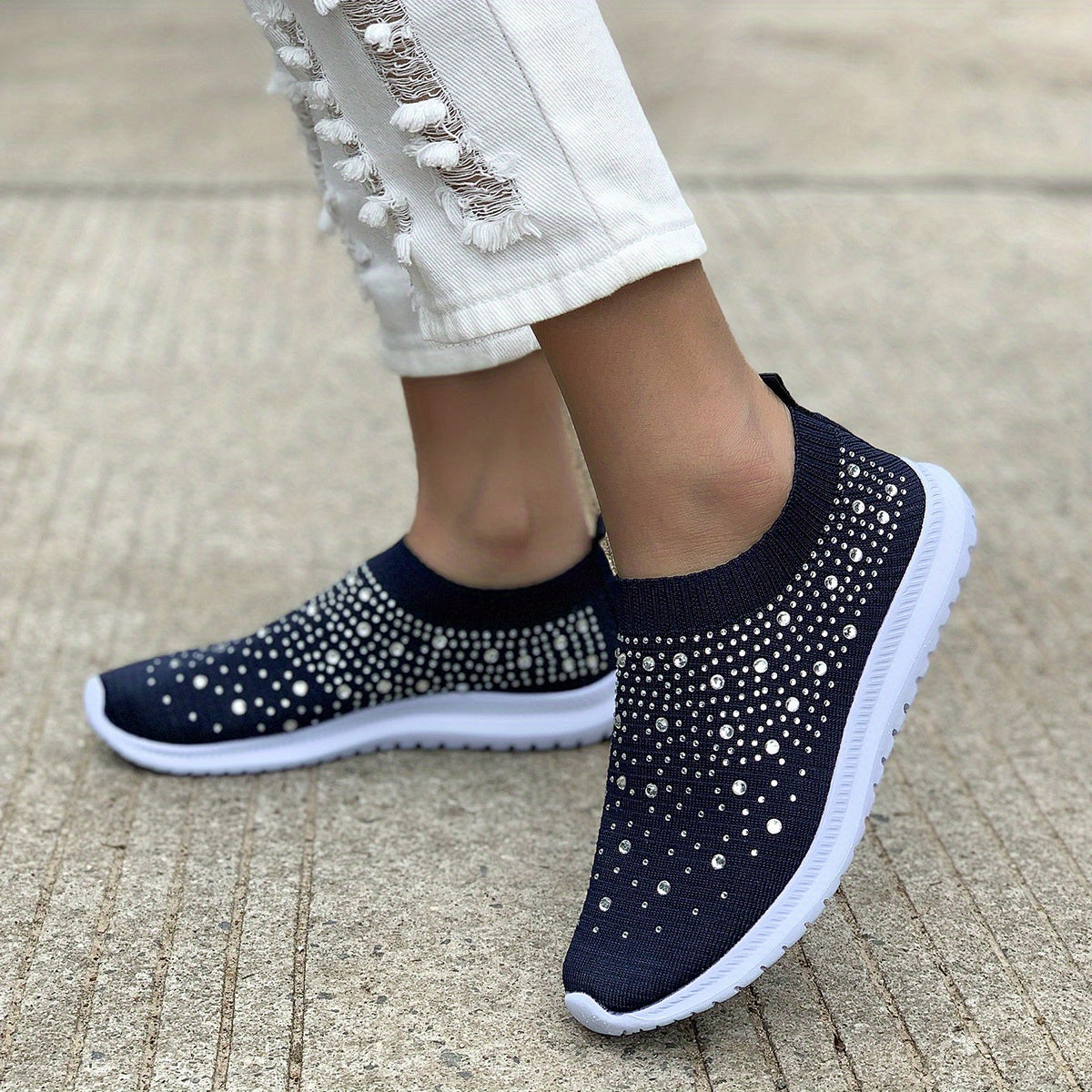 Women's Rhinestone Slip-On Sock Sneakers Low Top Shoes