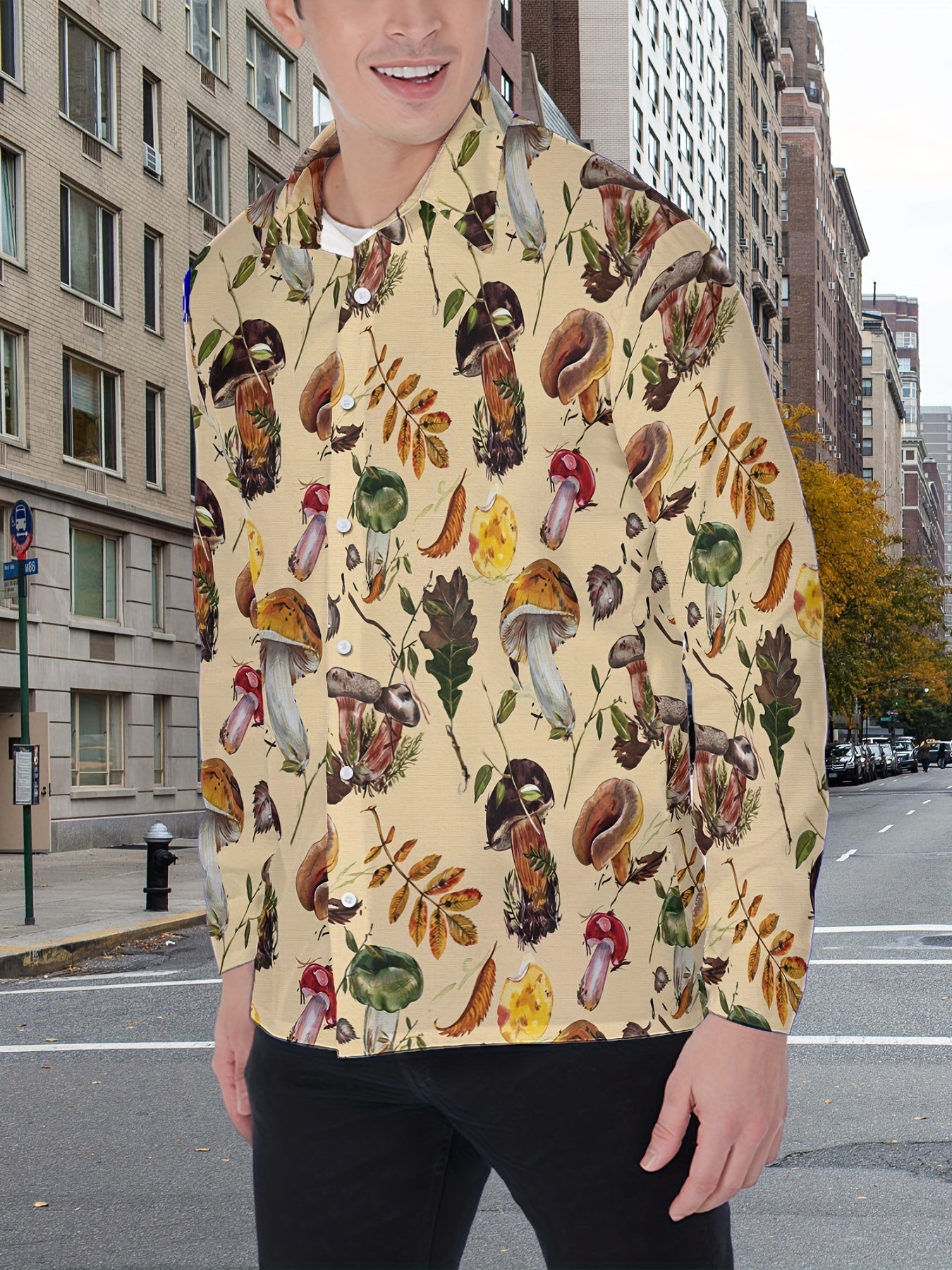 Men's Mushroom Print Casual Long Sleeve Shirt