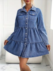 Denim Dress Long Sleeve Button Up Collar Mini Smock