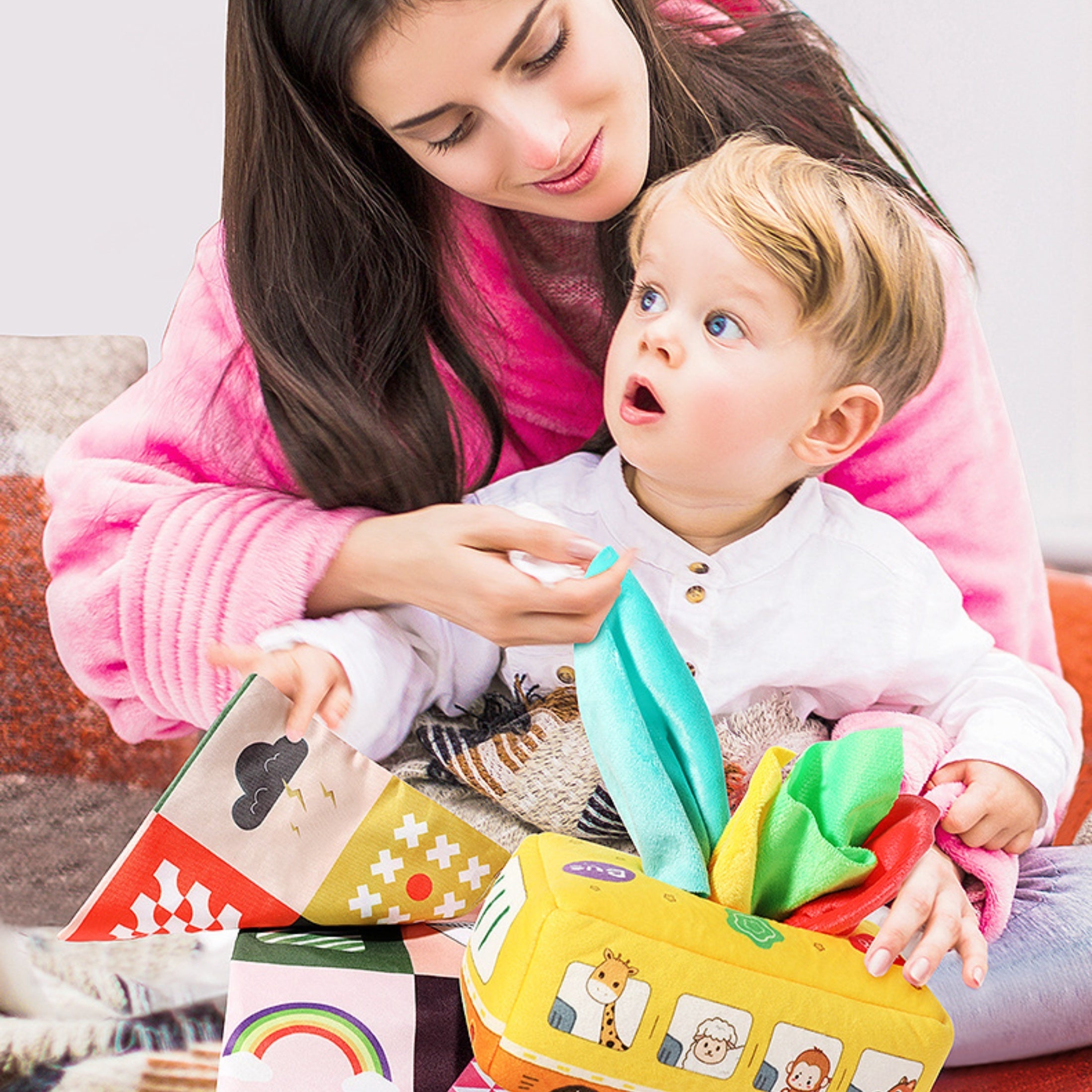 Baby Tissue Box Crinkle Sensory Toys & Rainbow Scarves Set