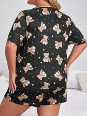 Teddy Bear Print Pajamas Set Short Sleeve Tee & Shorts Lounge Set