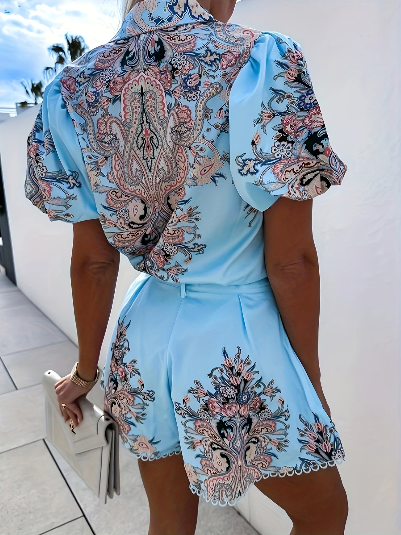 Tribal Print Puff Sleeve Shirt & Belted Shorts Set