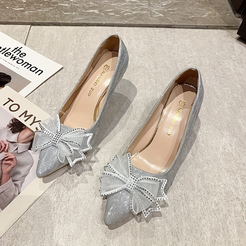 Rhinestone Bow High Heels Glitter Pointed Toe Stiletto Slip On Pumps