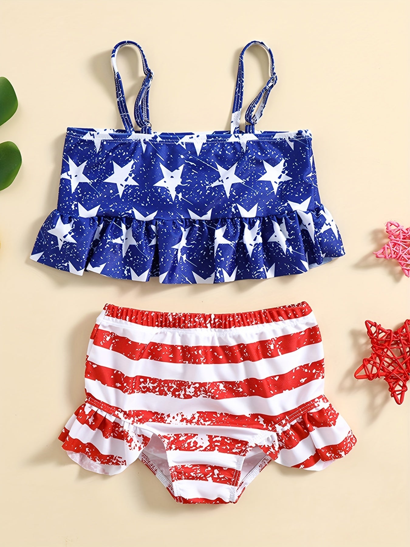 2pcs Baby Girls Star Print Camisole Top & Striped Shorts Swimsuit