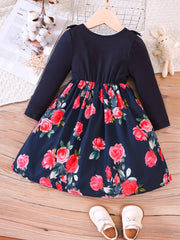 Girls' Floral Print Crewneck Long Sleeve Casual Dress