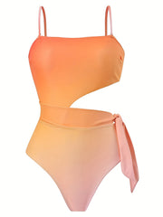 Ombre Floral Print Swimsuit Square Neck Cut Out Tie Side High Cut