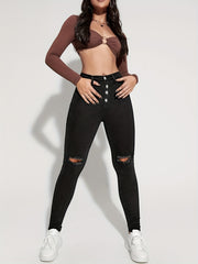 Slim Fit Distressed High Rise Jeans Button High Waist Denim Pants
