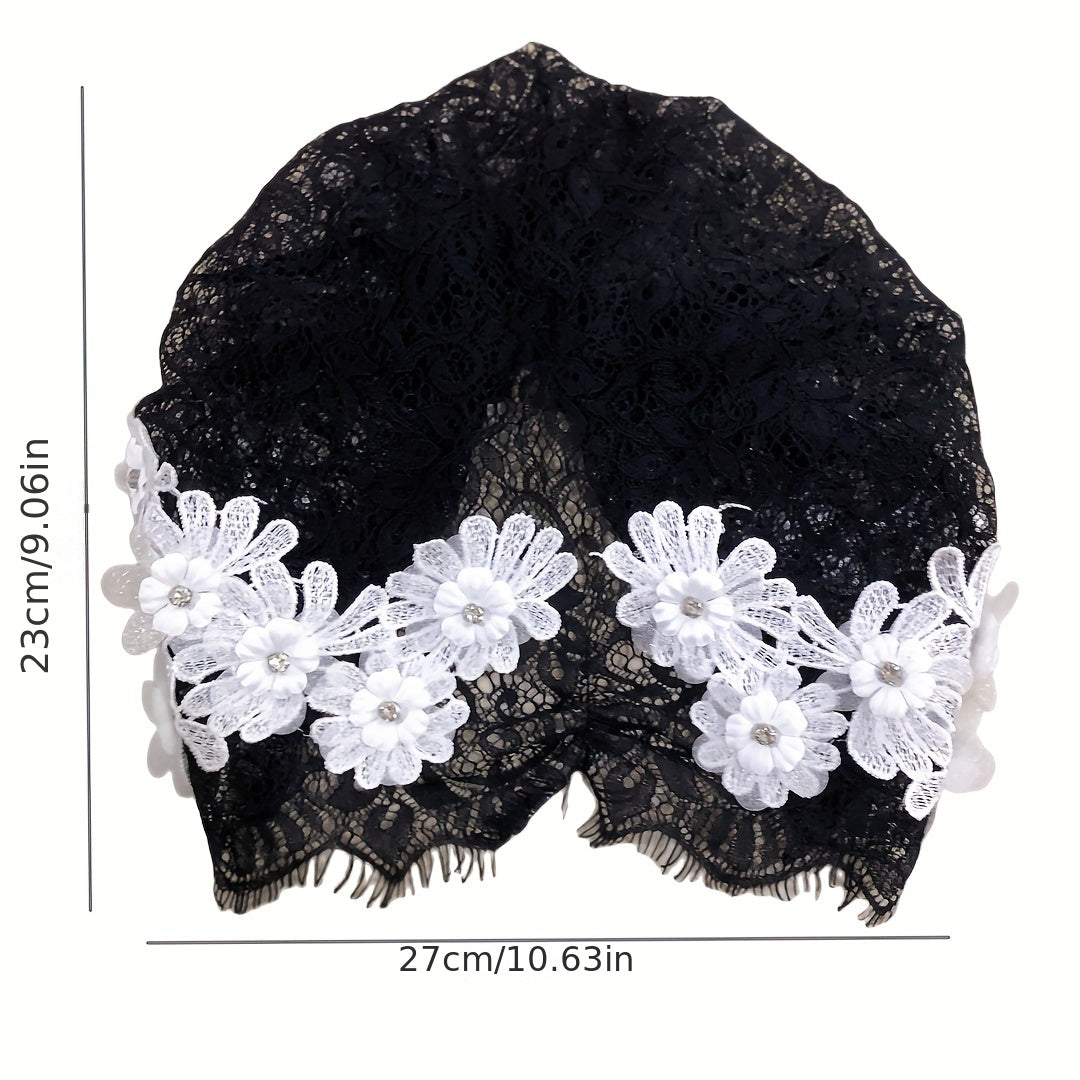Flower Decor Lace Beanie Hollow Out Turban Cap French Style Head Wrap