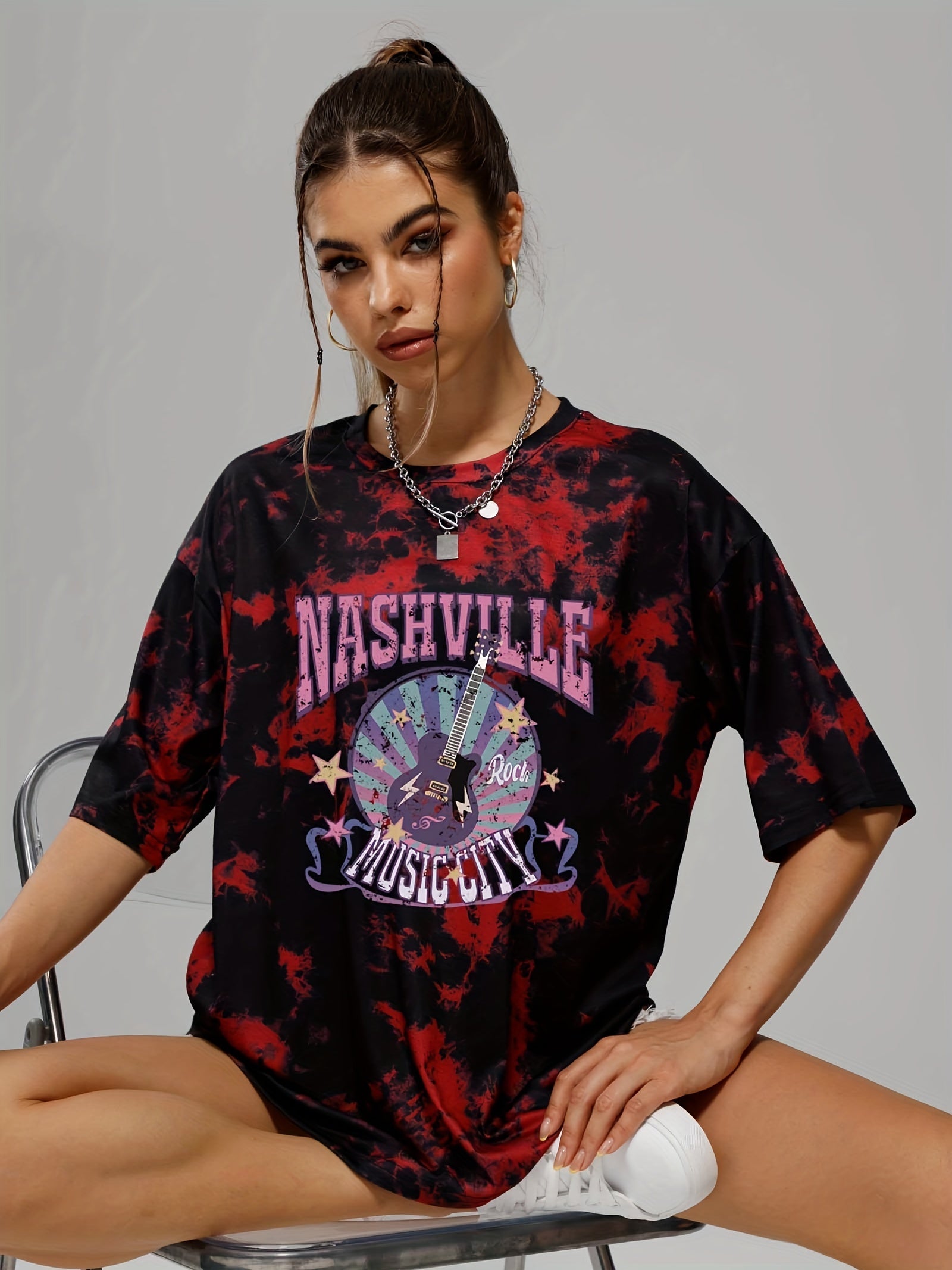 Tie Dye Rock Music Tee Round Neck Summer T-shirt Women's Clothing