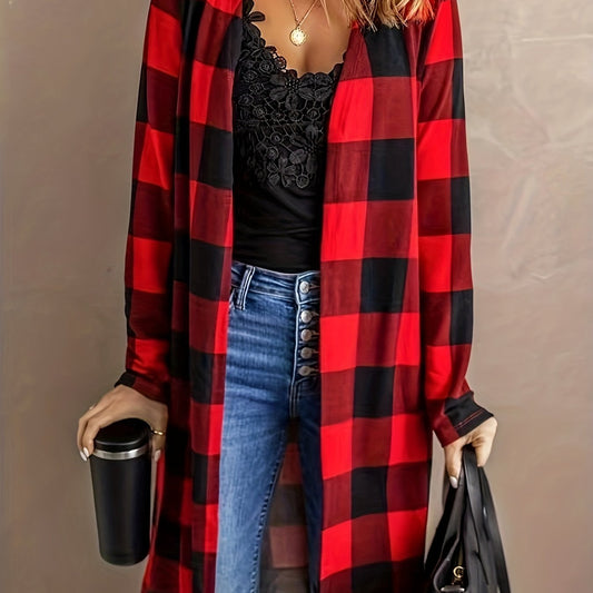 Plaid Print Long Sleeve Open Front Cardigan