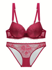 Floral Lace Push Up Bra & Bikini Panties Set