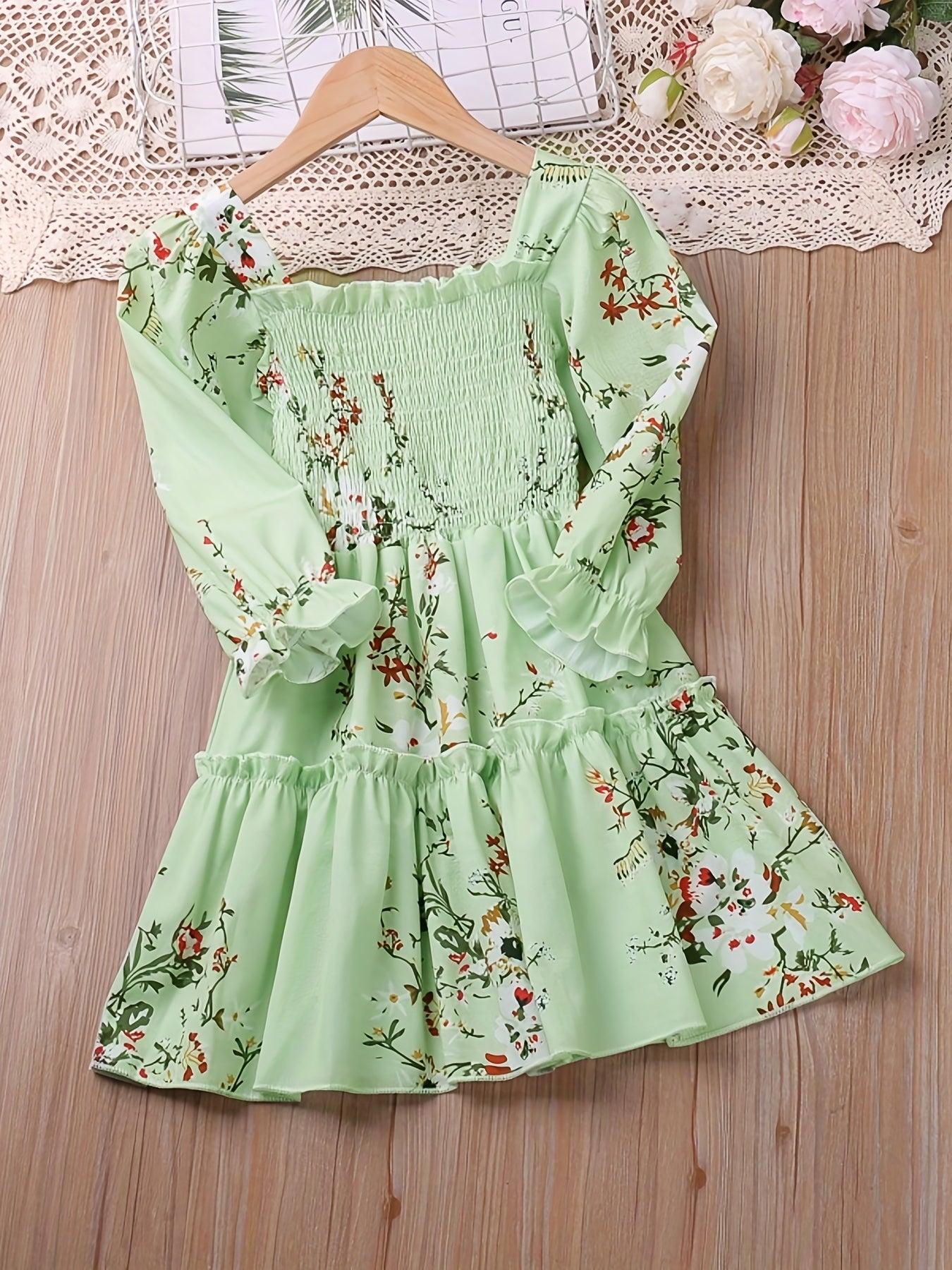 Girls' Shirred Flowers Long Sleeve Dress Kids Party Holiday Summer
