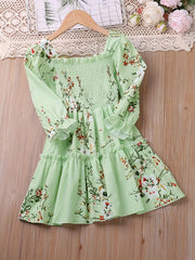 Girls' Shirred Flowers Long Sleeve Dress Kids Party Holiday Summer