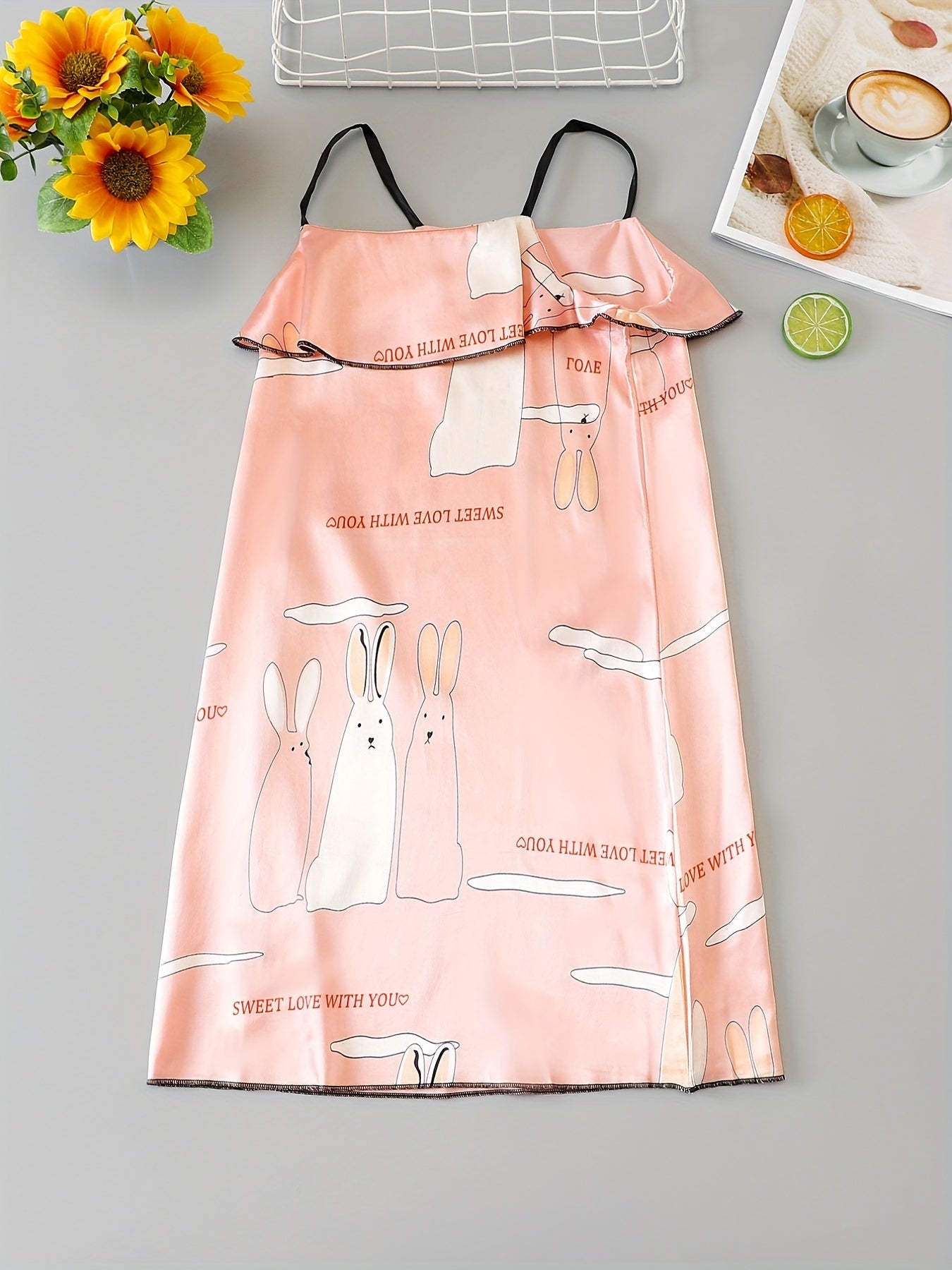 Girl's Rabbit Graphic Camisole Dress Kids Nightgown