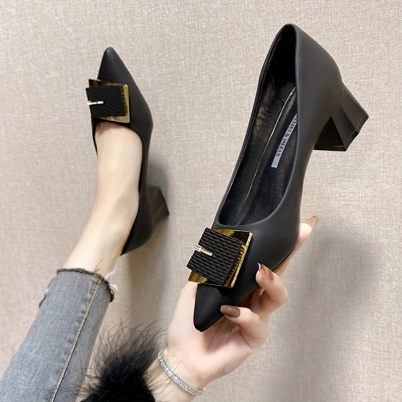Metal Decor Chunky Heel Pumps Faux Leather Office Shoes