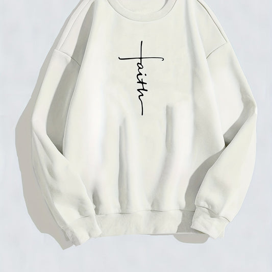 Faith Letter Print Sweatshirt Crew Neck Long Sleeve Women's Clothing