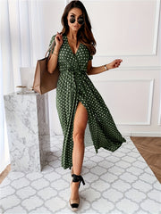 Polka Dot Split Ankle Dress V Neck Short Sleeve Casual Dress