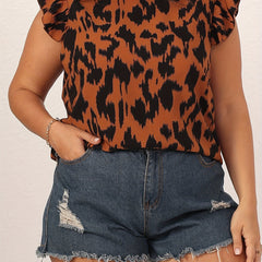Women's Plus Leopard Print Ruffle Trim Mock Neck Tank Top