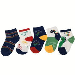 Boy's Dino Striped Crew Socks Breathable Comfy Casual Style
