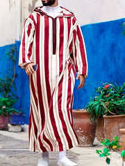 Islamic Arabic Hooded Kaftan Men Long Sleeve Vertical Striped V Neck