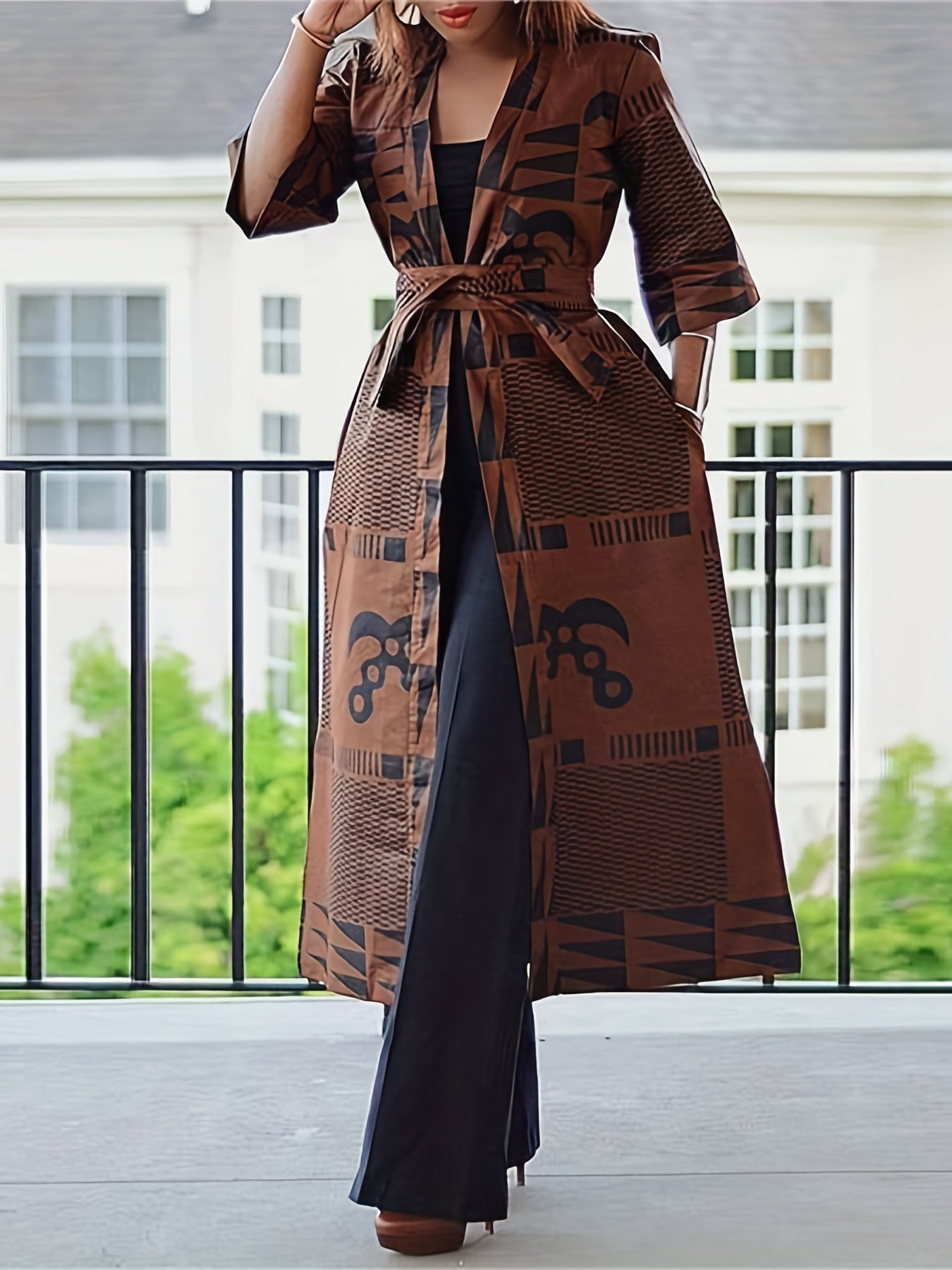 Graphic Print Windproof Jacket Vintage Long Length Outerwear