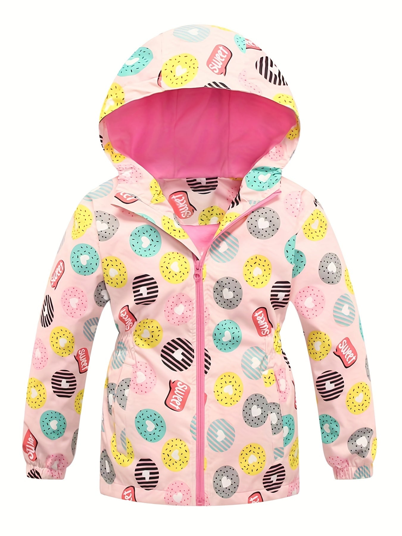 Girls' Cartoon Donuts Fleece Jackets Full Zip Hooded Tunic Windbreaker