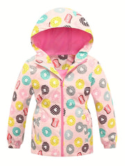 Girls' Cartoon Donuts Fleece Jackets Full Zip Hooded Tunic Windbreaker