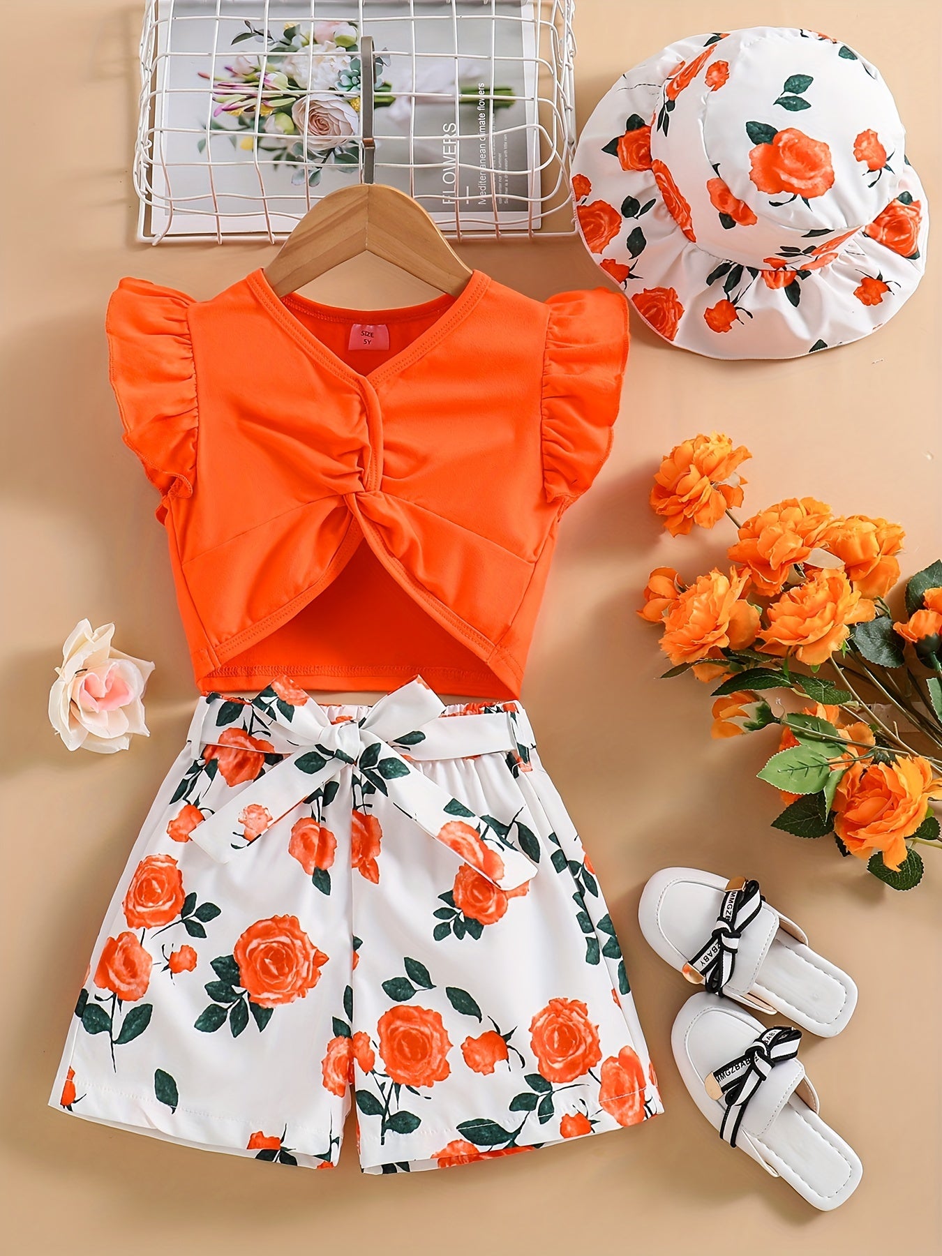 Girls Twist Front V Neck Top & Floral Print Shorts Set