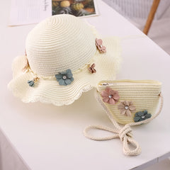 Girls Flowers Lace Trim Sun Straw Hat & Bag Set for Summer