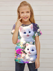 Adorable Kitty Graphic Crew Neck Short Sleeve T shirt Girls Casual Pullover Tops