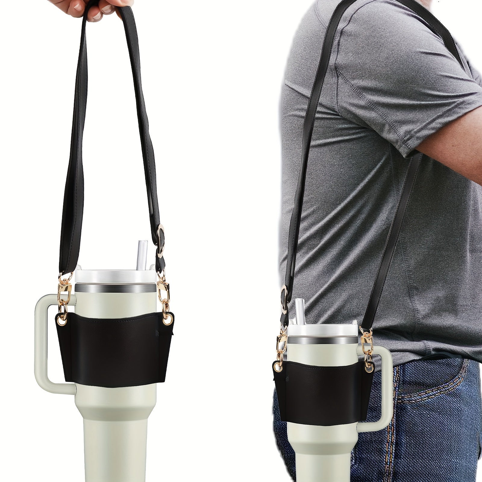 Adjustable PU Leather Cup Sleeve with Strap for Tumbler Cups
