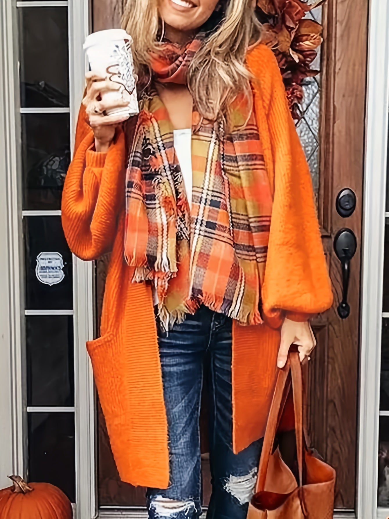 Solid Lantern Sleeve Open Front Cardigan With Pockets