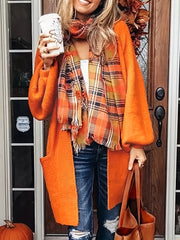 Solid Lantern Sleeve Open Front Cardigan With Pockets