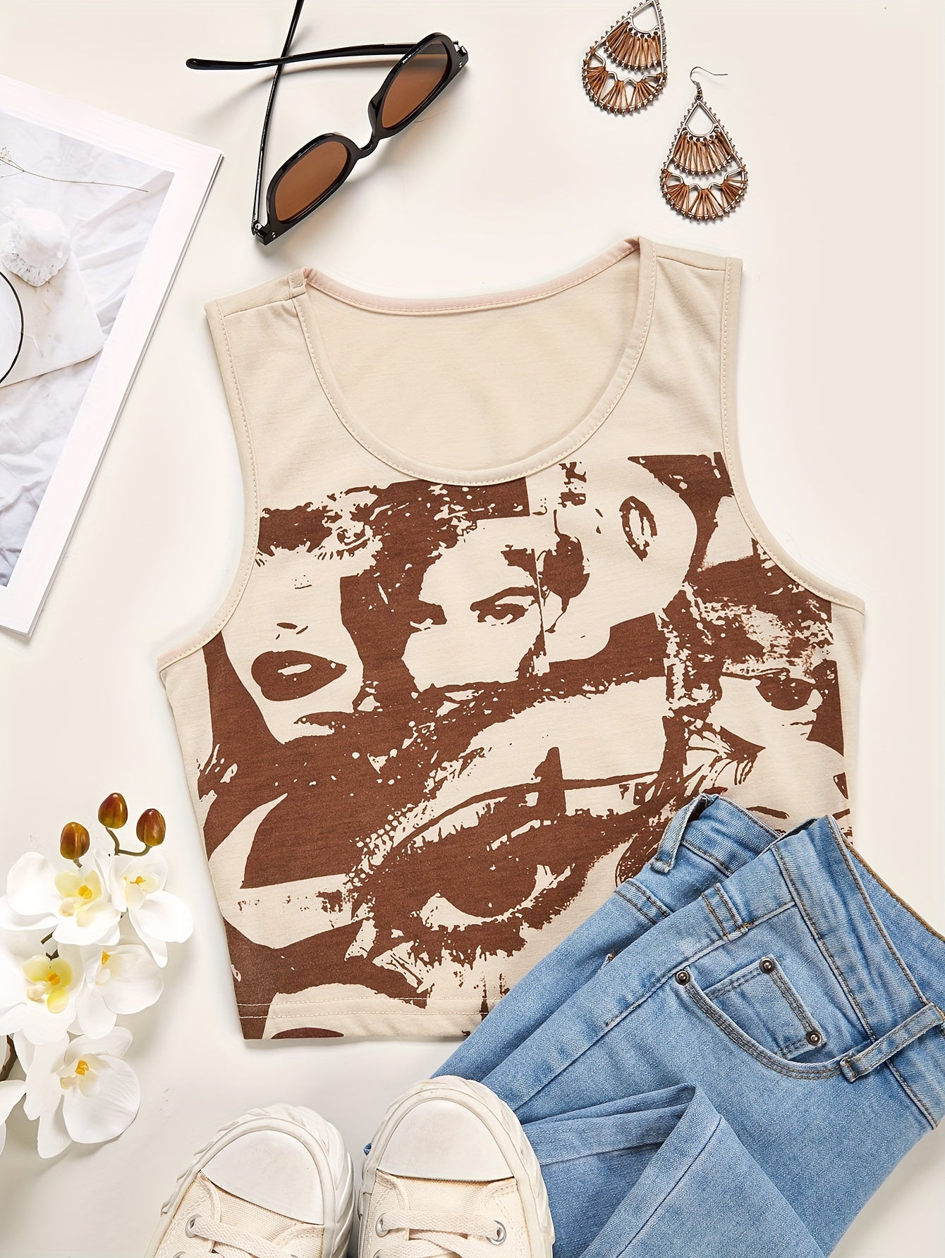 Y2K Portrait Print Sleeveless Tank Top for Summer