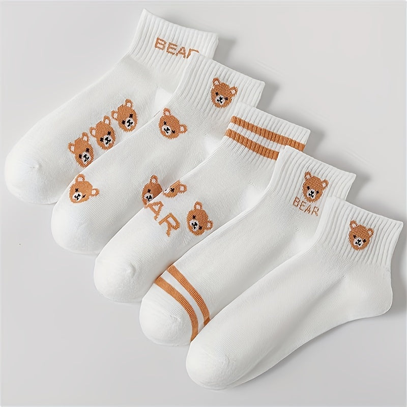 5 Pairs Cartoon Bear Print Socks & Crew Short Socks Women's Stockings