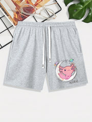 Axolotl Moon Rocket Pattern Comfy Men's Casual Elastic Waist Shorts