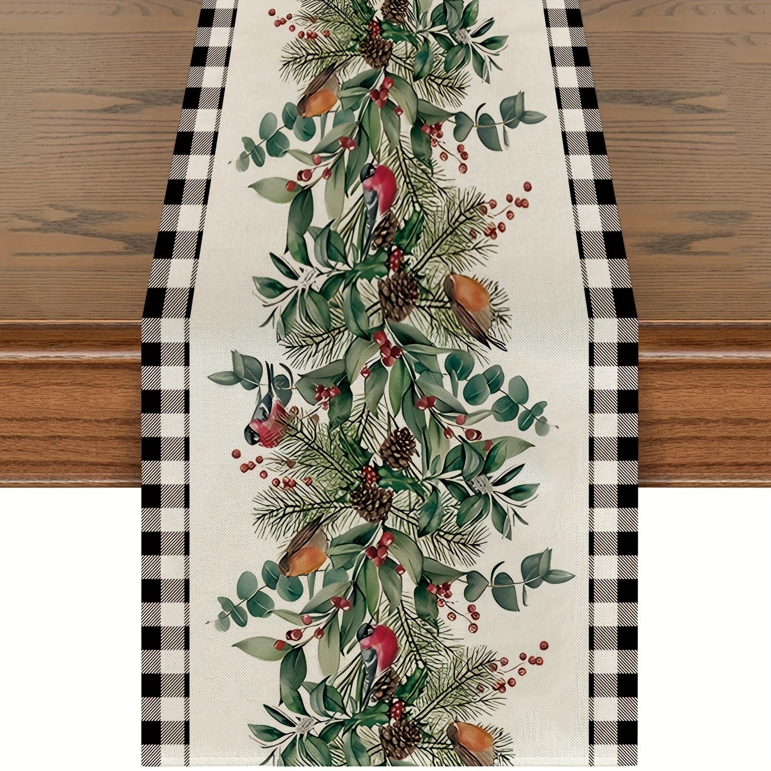 Christmas Bird Winter Eucalyptus Plaid Linen Table Runner 33.02x18
