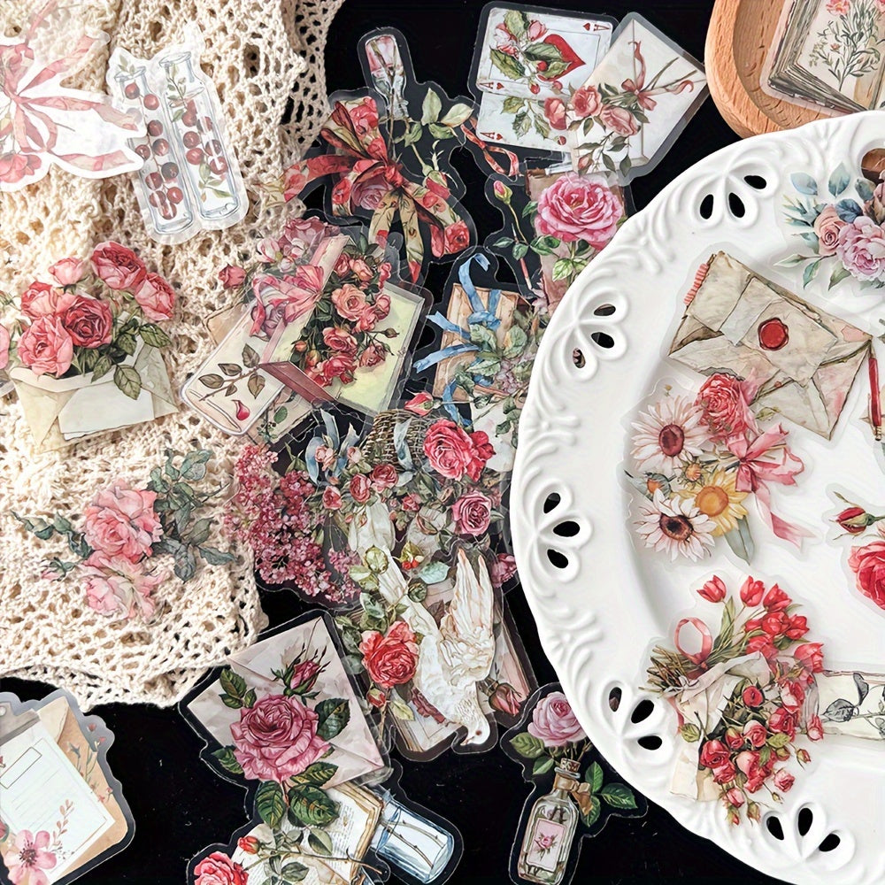 50pcs PET Floral & Letter Stickers Adhesive Shapes Laptop Phone Case Decoration