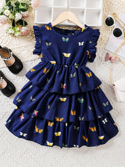 Girls Flutter Sleeve Butterfly Print A Line Tiered Casual Dress