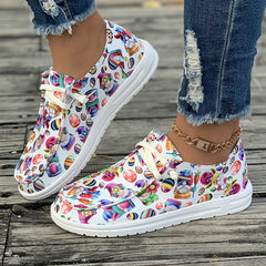 Women's Cartoon Figure & Eggs Print Sneakers Soft Sole Casual Flats
