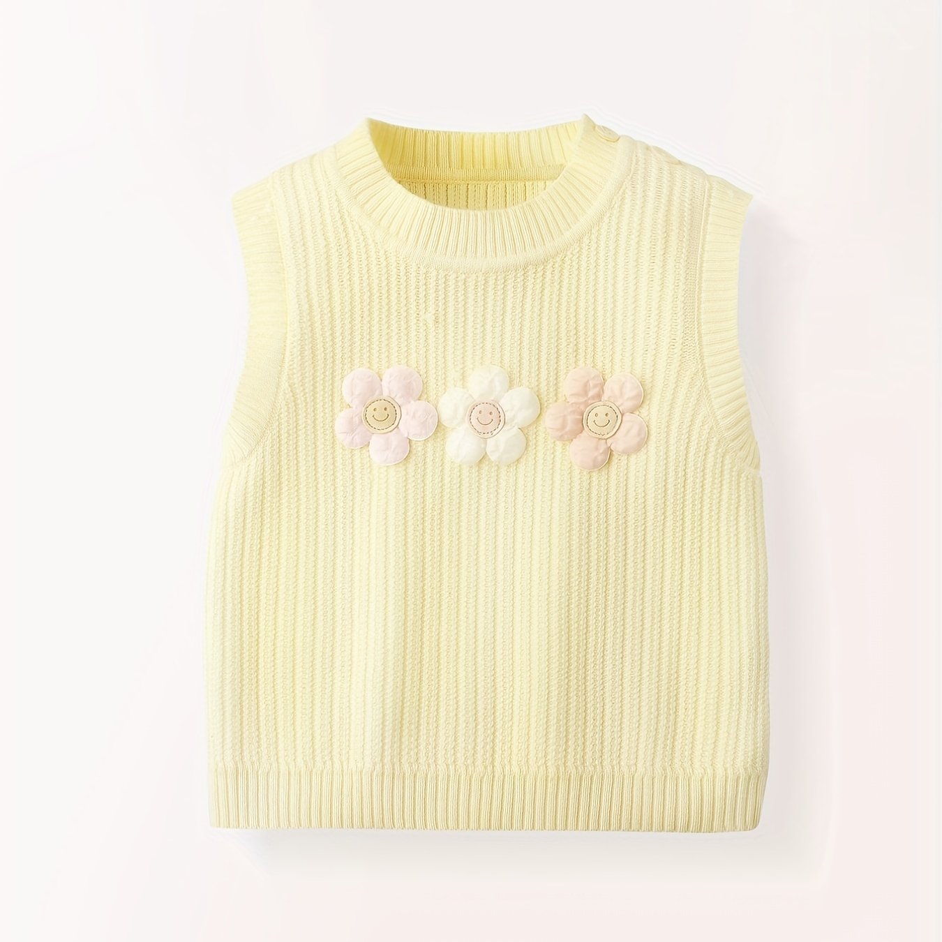Flower Decor Round Neck Knit Vest for Baby Girls