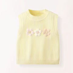 Flower Decor Round Neck Knit Vest for Baby Girls